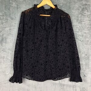Womens Top Medium Black Velvet Burnout Whimsigoth Celestial Stars Ruffle Witchy